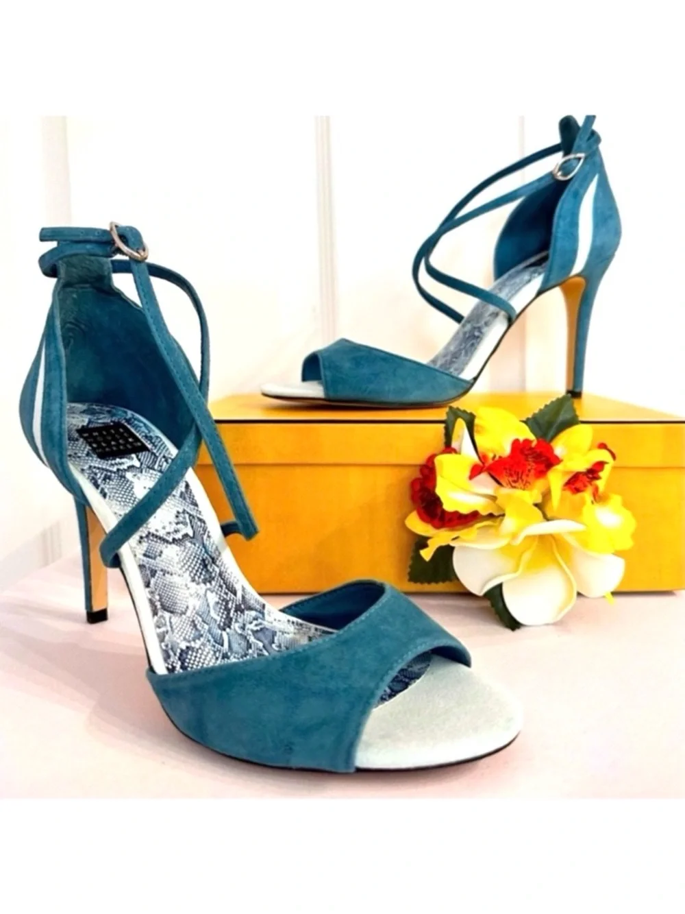 WHBM ~ Teal Cruelty Free Suede 4” Heels w/Crisscross Straps and Snakeskin Design
